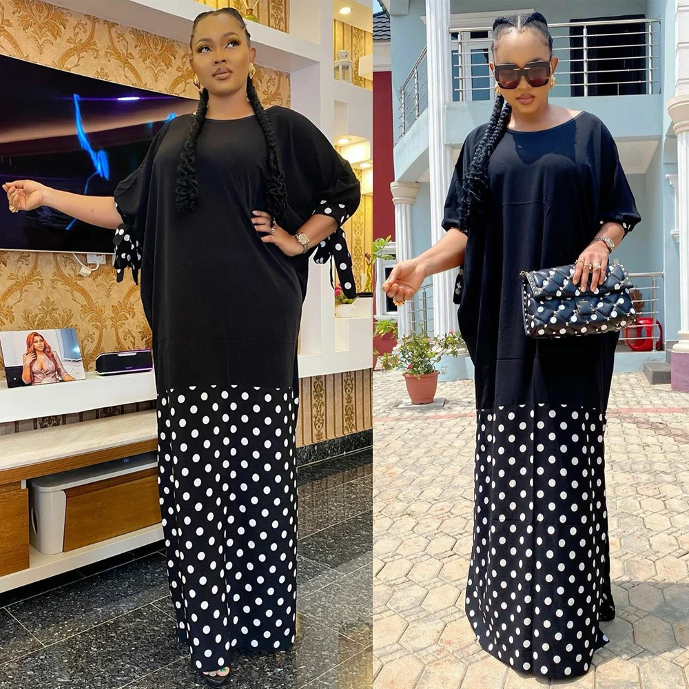 

MD African Maxi Dress Women Polka Dot Print Black White Dresses Plus Size Boubou Nigerian Fashion Ankara Robes Party Clothing