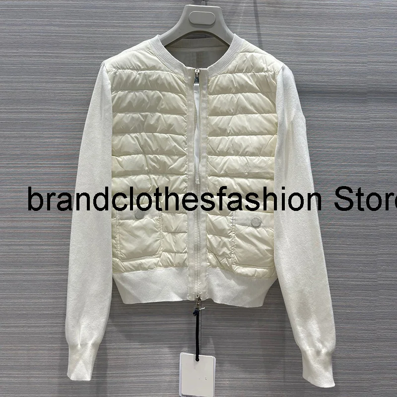 

2021 Autumn Winter Classic Knit Wool Patchwork Duck-Down Fabric Cardigan Women Top Quality Zip-Fly Soft Short Sweater Coar Lady