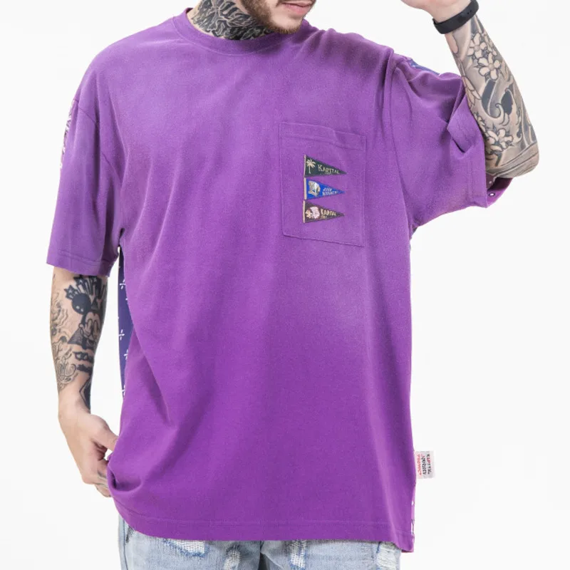 

SYUHGFA 2022 Spring Summer New Fashion Colorblock Splicing Printting Washing Water Gradient Tie Dyeing Short Sleeve T-shirt