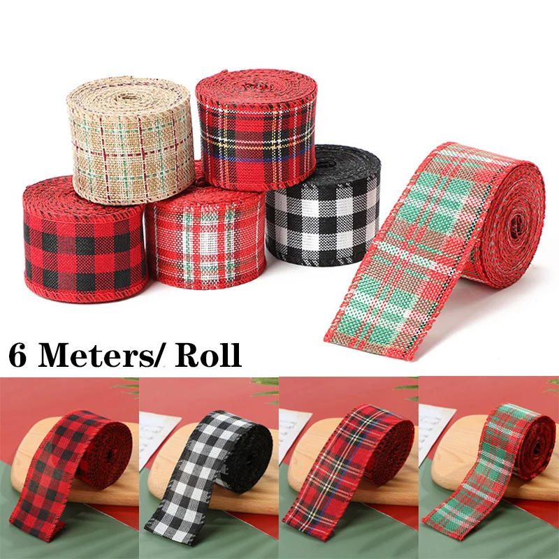 

6M/Roll Vintage Imitation Hemp Ribbon Wire Christmas Decors Red Green Grid Linen Ribbons for DIY Crafts Bow Handmade Gift Wrap