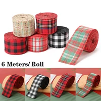 6mroll vintage imitation hemp ribbon wire christmas decors red green grid linen ribbons for diy crafts bow handmade gift wrap