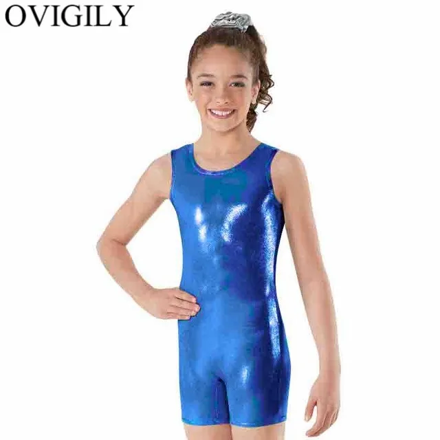 Royal Blue OVIGILY/Красная Майка для девочек, бикетард, спандекс, металлический танцевальный трико для детей, цельный гимнастический комбинезон, боди для малышей - Цвет: Royal Blue