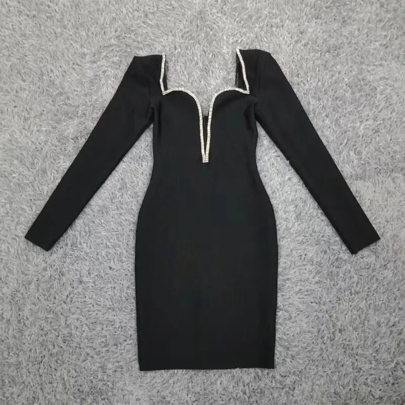 

Sale New Women Sexy Designer Deep V Neck Sparkly Black Bandage Dress Winter 2021 Ladies Elegant Bodycon Party Dress 2020 Vestido