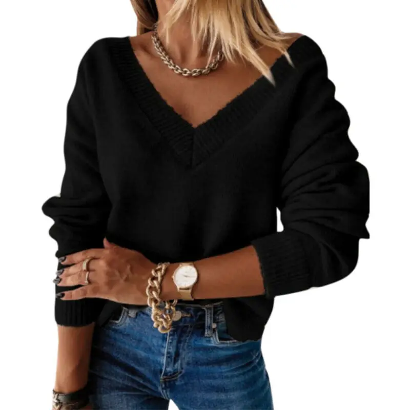 

Модный женский вязаный джемпер с V-образным вырезом и длинным рукавом, зимний теплый пуловер, Свитшот