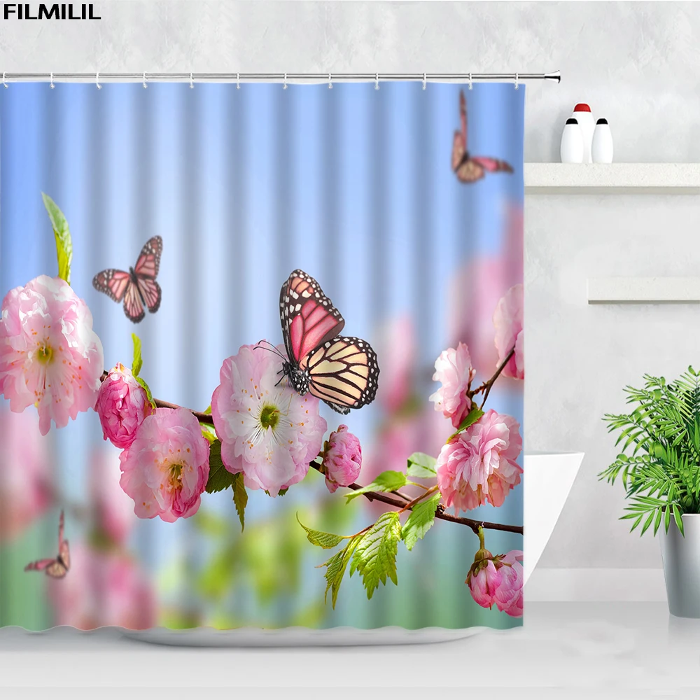 

Занавеска для душа FILMILIL с деревенскими бабочками и розовыми цветами, комплект s, Весенняя занавеска с натуральным цветочным пейзажем, домаш...