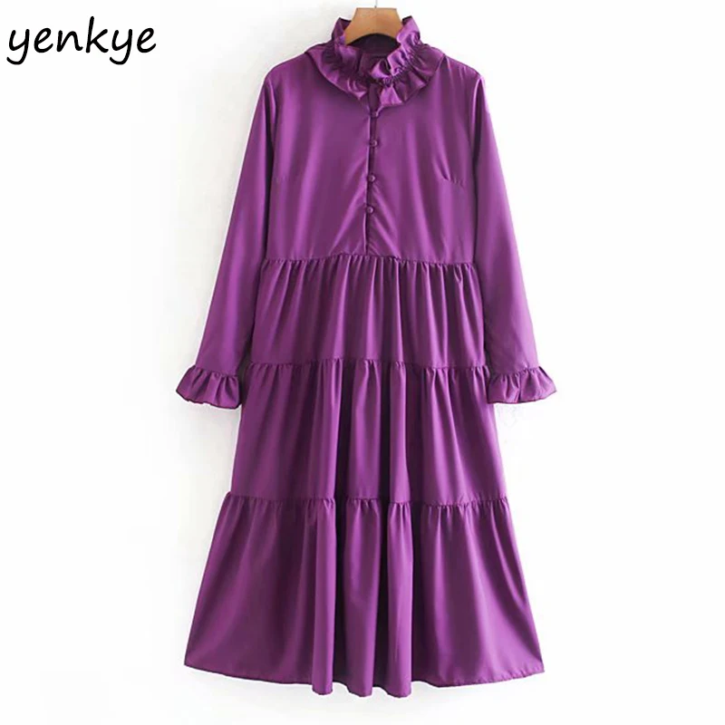 Женское однотонное длинное платье с оборками элегантное ТРАПЕЦИЕВИДНОЕ ПЛАТЬЕ С