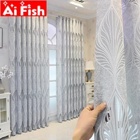 grey hollow leaves jacquard curtains opaque tulle window drapes for living room modern geometric bedroom semi shading gauze 40
