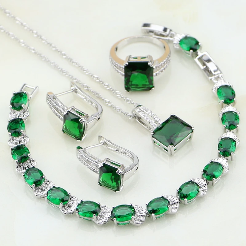 

925 Sterling Silver Jewelry Green Cubic Zirconia White CZ Jewelry Sets For Women Wedding Ring/Earring/Pendant/Necklace/Bracelet