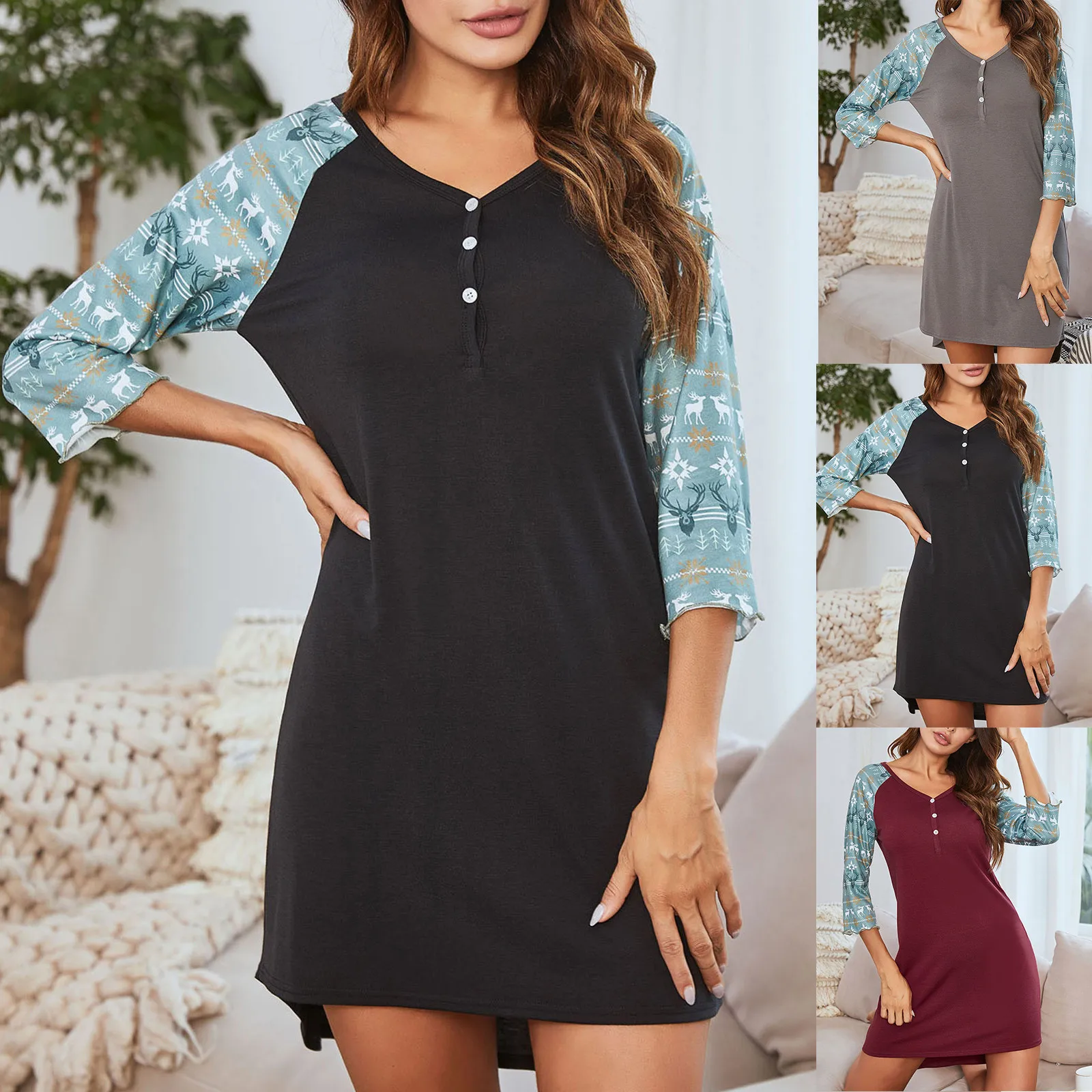 

64# New Women's Fashion Dress Sexy Short Sleeve Warm Home Print Pajamas Women Summer Clothing 2021