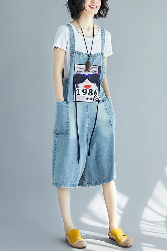 

Jeans women Wide Leg denim overalls Knee Length Baggy Capri Pants Summer