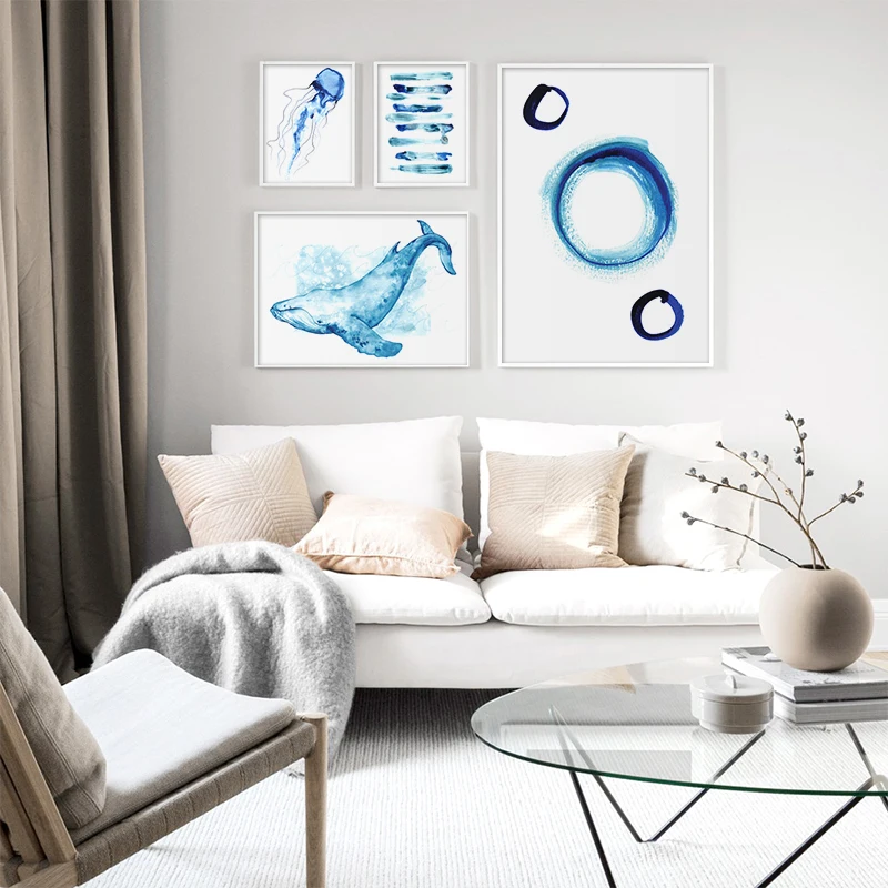

Watercolor Whale Jellyfish Blue Bubbles Canvas Poster Nursery Wall Art Print Painting For Kids Bedroom Home Decoration Picture