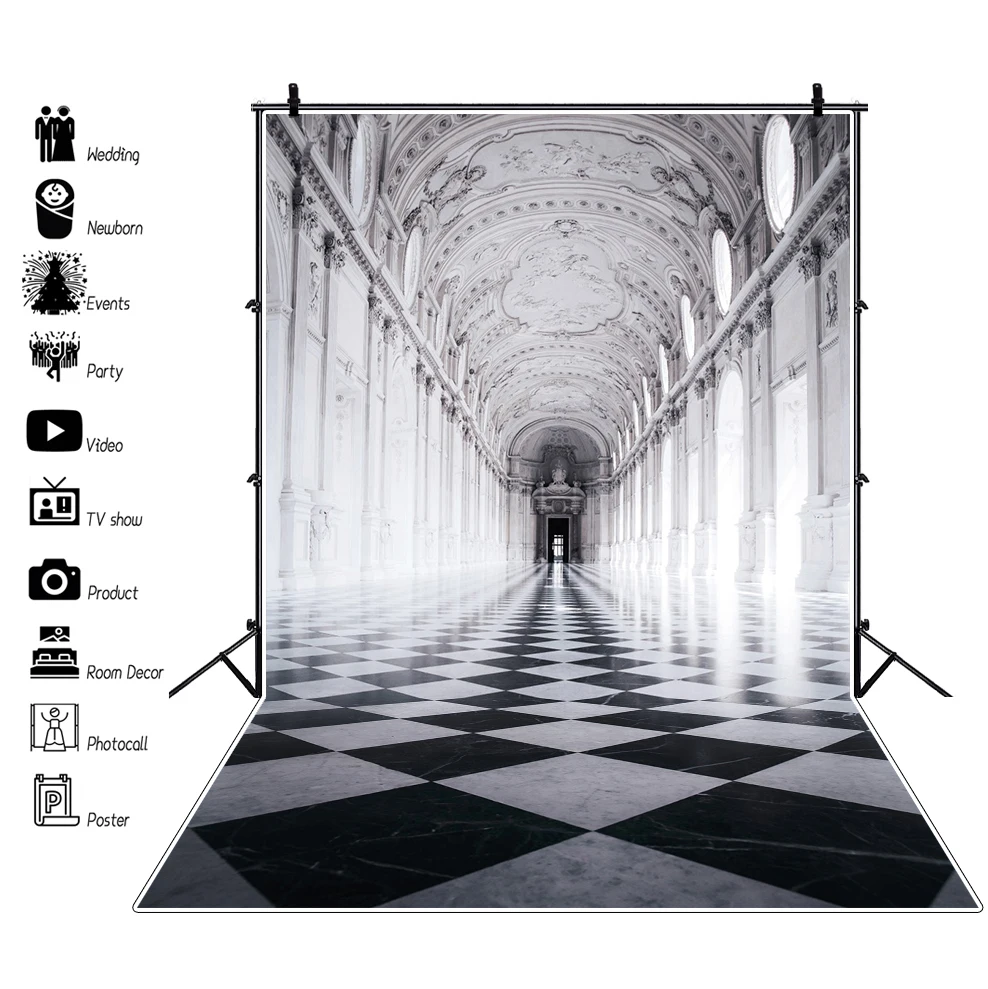 

Laeacco винтажный дворцовый коридор черная белая сетка пол сцена фотосессия фон для фотографии фото фон фотостудия