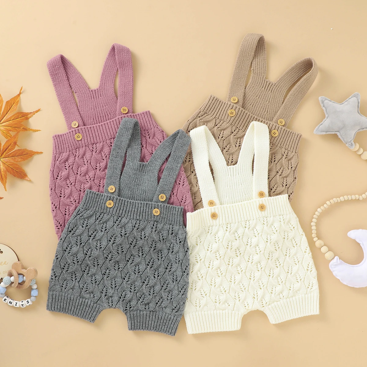 

Baby Knitted Overalls Lovely Sleeveless Solid Color One-Piece Romper Fall Clothes Jumpsuit with Buttons