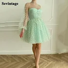 Sevintage Новый светильник Зеленый Тюль Элегантное короткое платье для выпускного вечера с высоким воротом линия Бальные вечерние платье с поясом и длинными рукавами, вечерние платья для девочек