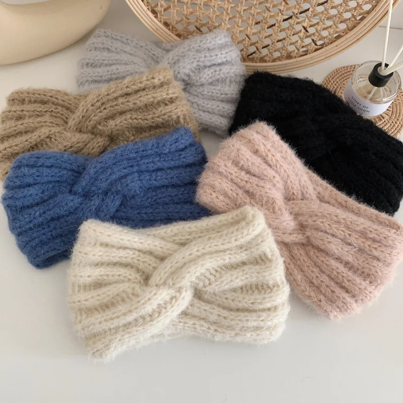 

Fashion Winter Warmer Ear Knitted Headband Turban Women Crochet Wool Cross Wide Stretch Solid Hairband Headwrap Hair Accessories