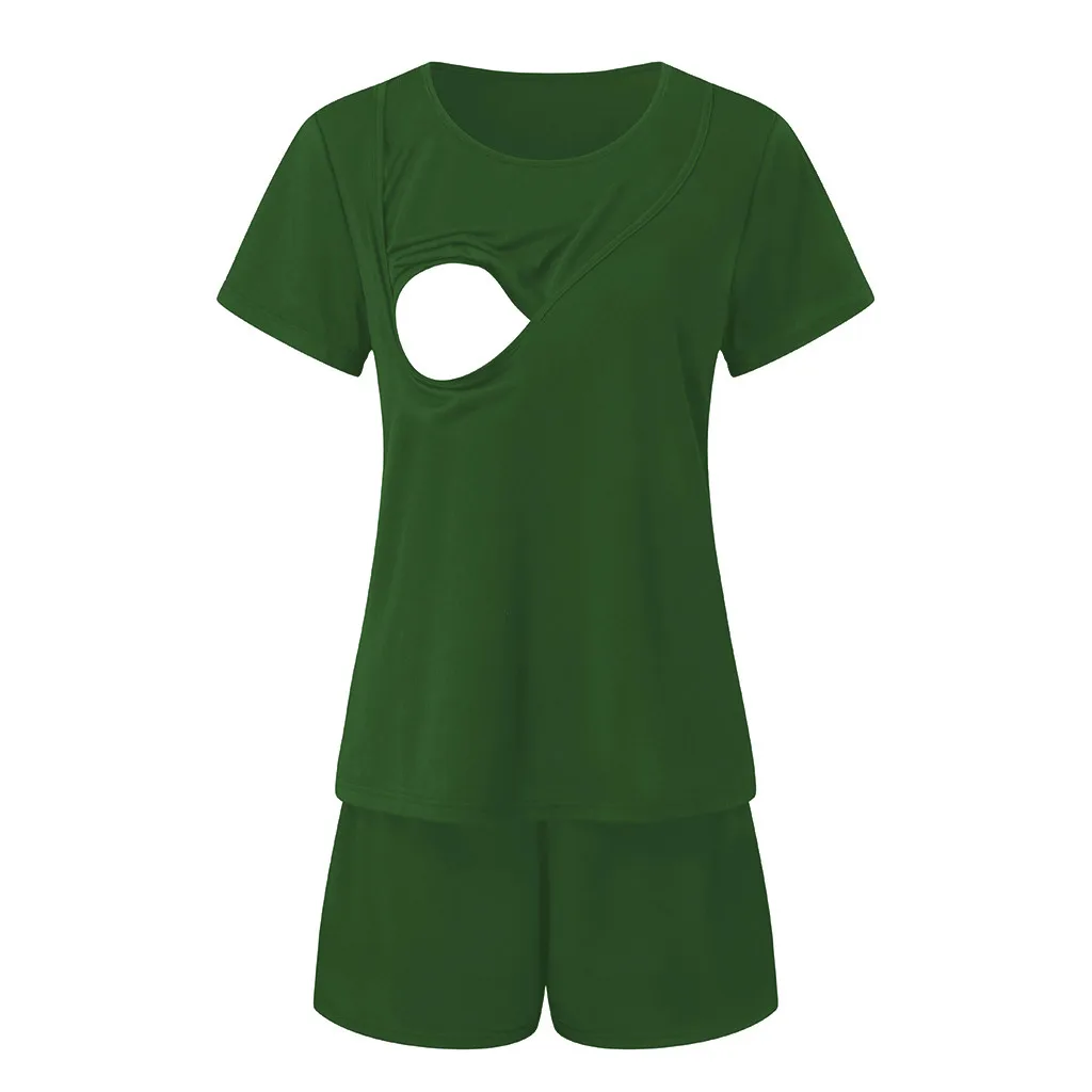 

Women's Maternity Breastfeeding T-Shirt for Pregnant Women Summer O-Neck Solid Short Sleeve Nursing TopsShorts Pajamas Set