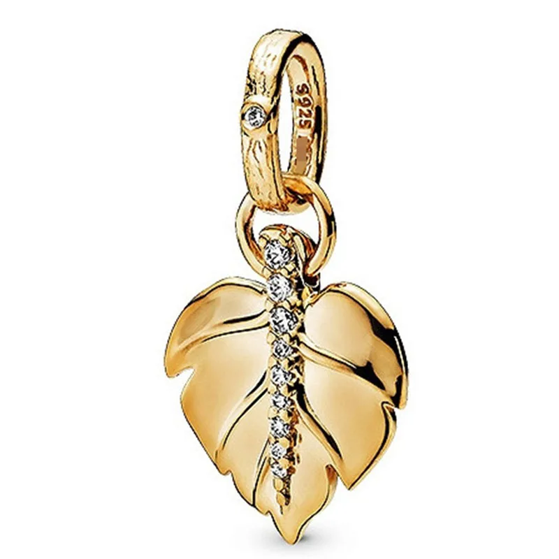 

100% 925 Sterling Silver Charm Gold Glitter With Crystal Leaf Pendant Fit Pandora Women Bracelet & Necklace Diy Jewelry