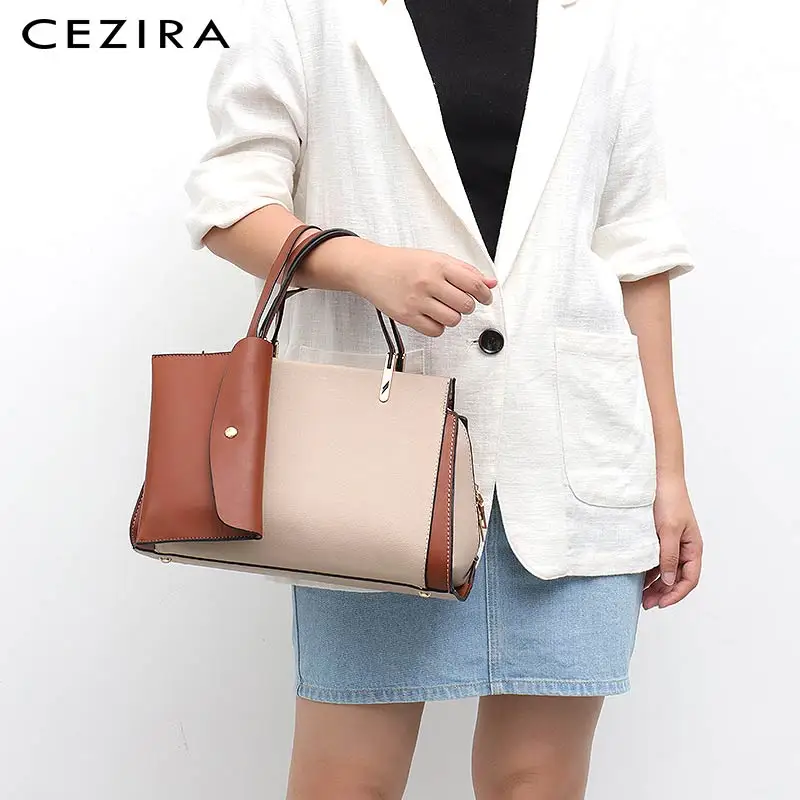 

CEZIRA Fashion PU Leather Women Tote Handbag Luxury Paneled Commuting Top-handle Bag Female Vegan Leather Shoulder Bag Crossbody