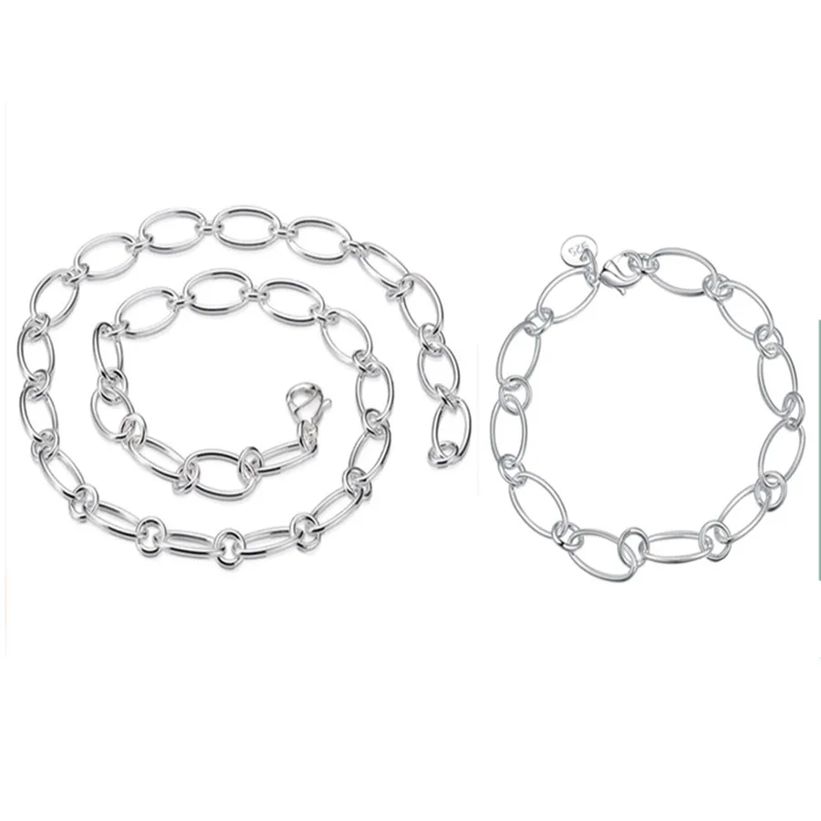 

hot 925 Sterling silver Plated women men chain male Circle necklace bracelets fashion Silver color jewelry Set 45cm 20cm