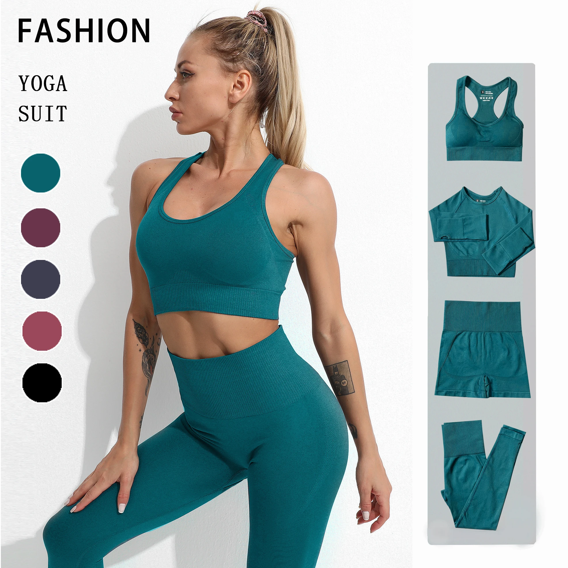 

2/3/4pcs Seamless Yoga Suit Women Sexy High Elasticity Workout Clothes Fitness Long Sleeve High Waist Leggings Gym Clothes Set