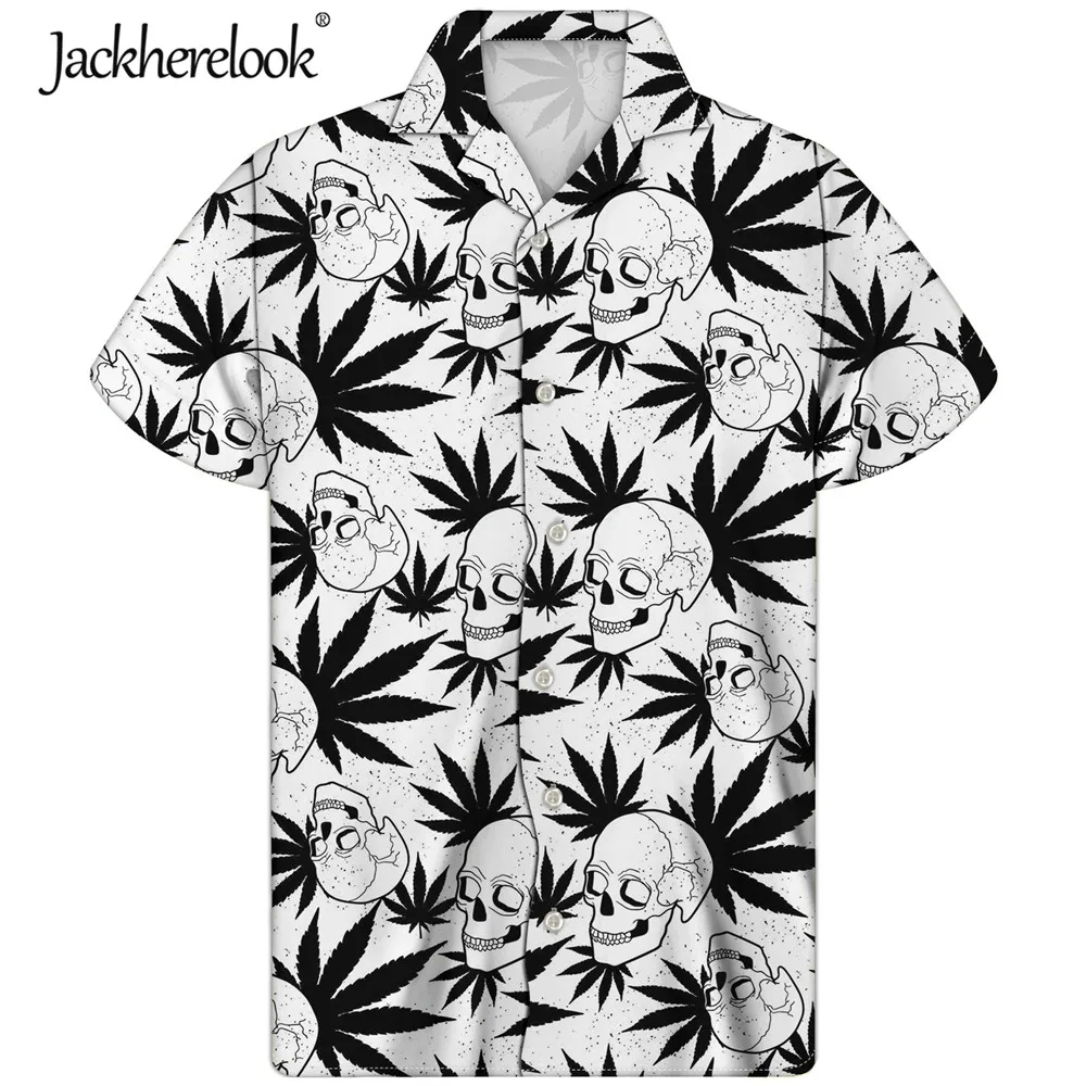 

Jackherelook Hawaiian Short Sleeve Shirts Weed Leaves Punk Skull Print Cuban Guayabera Chemise Casual Summer Beach Men Tops 2021