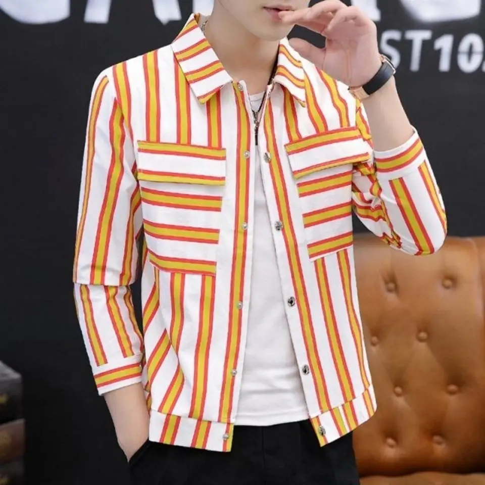 

spring Autumn New Long Sleeve Tooling Shirt Men's Korean-Style Slim Fit Ins Social Guy Fashion Striped Thin Coat
