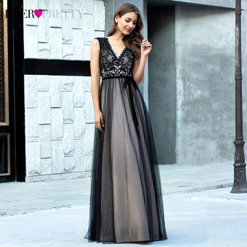 Черные кружевные вечерние платья Ever Pretty а силуэта с двойным v образным вырезом