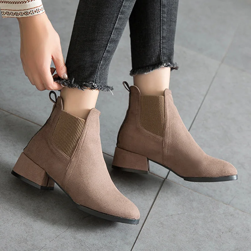 

Ladies Chelsea Style Leather Boots Round Toe Non-slip Mid-heel Casual Shoes Pure Color 2021 Fall New Martin Boots Womans Shoes