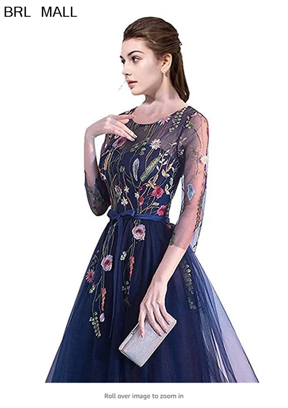 

Tea Length 2020 Blue Embrodiery Prom Dresses 3/4 Long Sleeves Cheap Formal Bridesmaid Dress Short Homecoming Party Ball Gowns