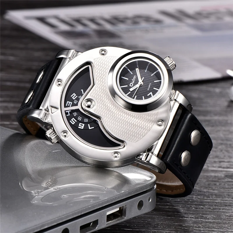 Мужские кварцевые часы с двумя часовыми поясами из ПУ кожи|Кварцевые мужские