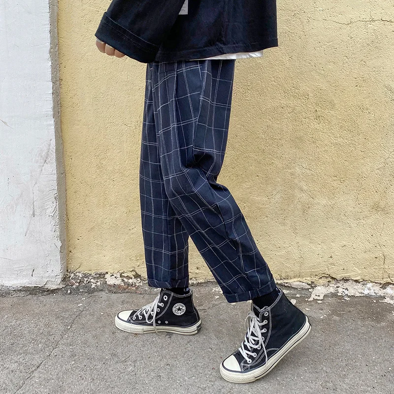 

2020 Summer New Casual Pants Men Vintage Plaid Cotton Trousers Ankle Length Cuffs Washed Drawstring Checkered Harem Pants Male