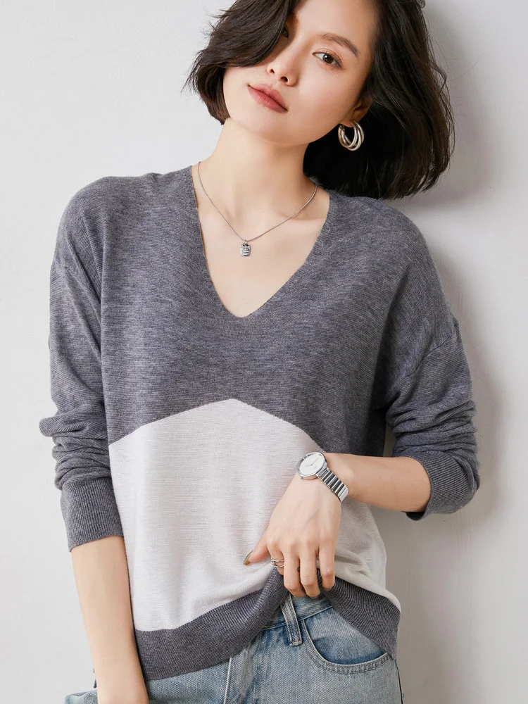 Pure wool sweater women 2021 new V-neck casual stitching sweater loose large size pullover women cashmere top women