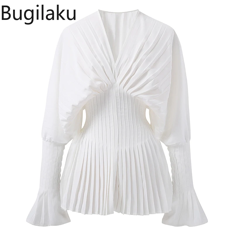 

Bugilaku Korean Fashion White Blouse Women V Neck Slim Waist Long Sleeve Shirts Ruched Solid Color New Arrival Chic Blusas Mujer