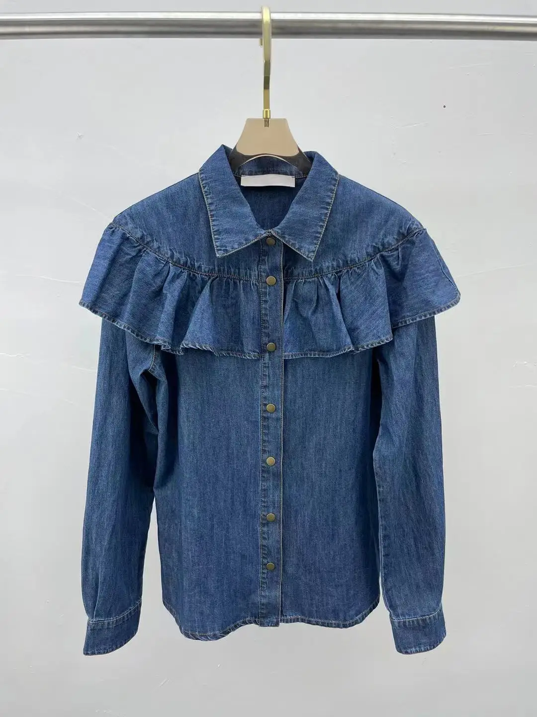 

2021 New Fashion Early Autumn Women Cotton Denim Blouse Ruffles Long Sleeves Single Breasted Ladies Popular Top Blouse