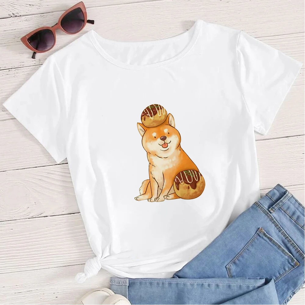 

Shiba Inu Printed Short Sleeve Good To Eat Bread and Cute Shiba Inu Graphic Casual T-shirts Personalized Style T Shirt Trendy