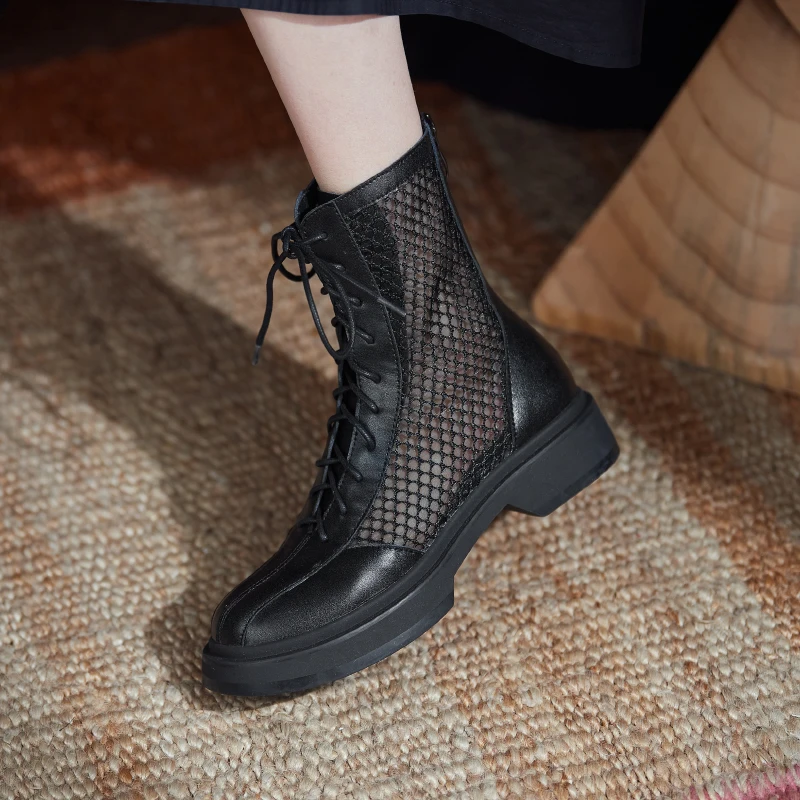 New Fashion Lace-Up Mesh Sandals Leisure Round Toe Modern Boots Thick Heel Women Ankle Boots Handmade Shoes Women Size 34-43