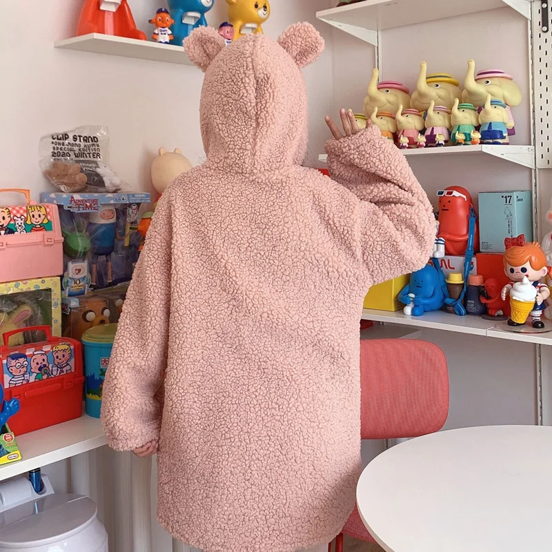 Japanese Winter Sweet Women Coat Soft Girl Kawaii Bear Ear Hooded Cute Horn Button Bow Lambswool Pink Lolita Woolen Outerweat