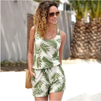 womens summer tropical print jumpsuit casual slim short sleeve round neck beach jumpsuit sleeveless tight sexy jumpsuit