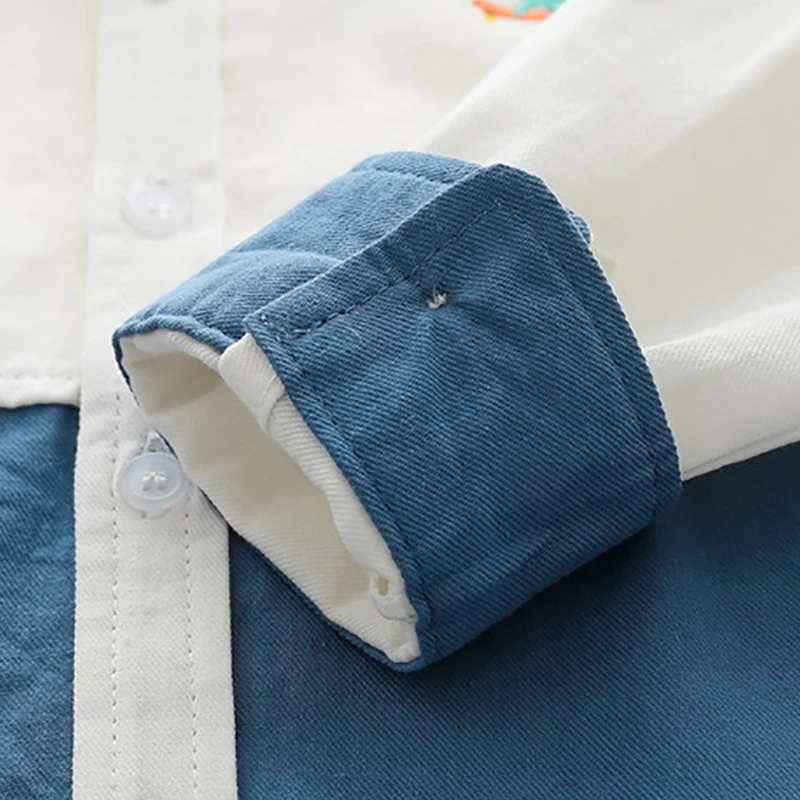 

Boys Shirts Long Sleeve Turn-down Collar Patchwork Cartoon Embroidered Kids Clothes for Toddler Casual Spring Korean Tops