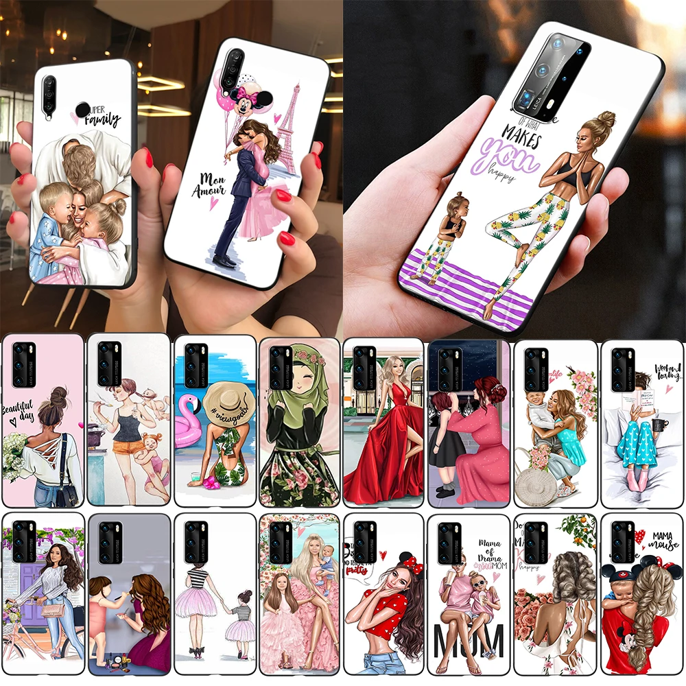 Z71 Модный черный мягкий силиконовый чехол для мамы и дочки Huawei P10 Y5 Y6 Y7 Y9 Prime 2019 2018