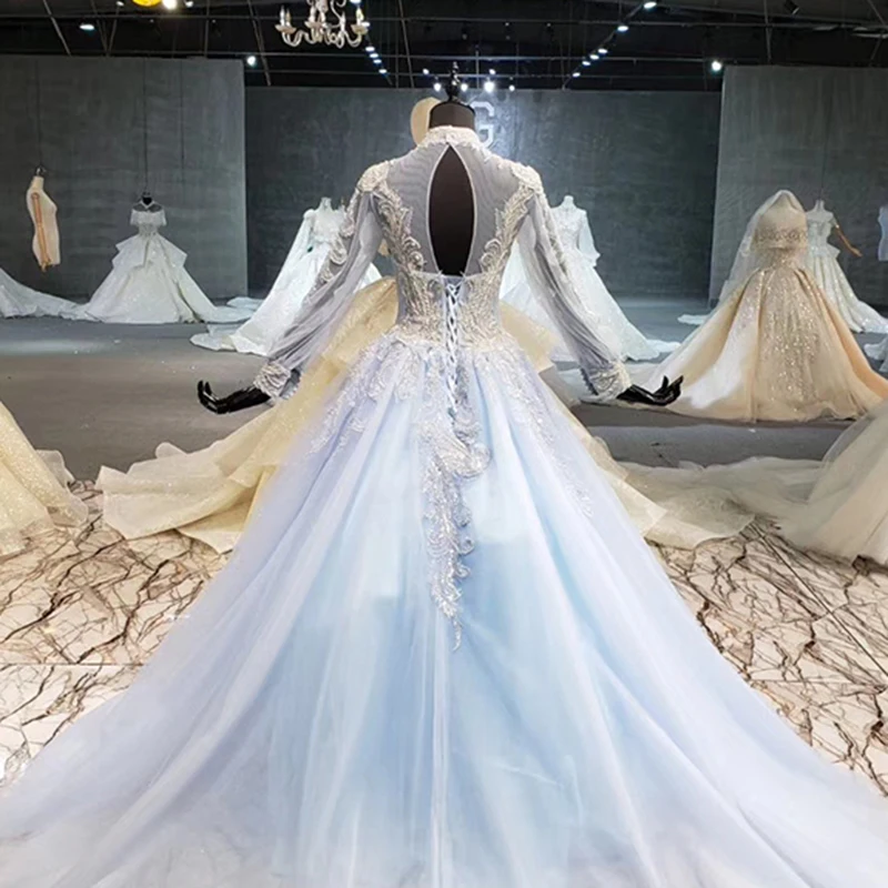 HTL1135 светло-голубое вечернее платье длинное для женщин рукав-фонарик высокая