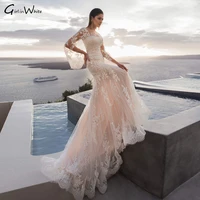 scoop neck long flare sleeve lace mermaid wedding dresses 2021 luxury appliques button court train trumpet bride gown