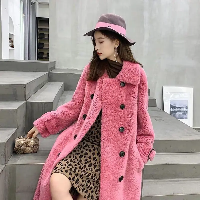 Women 2021 Winter Fashion Real Wool Fur Overcoat Female Sheep Shearing Jacket Casual Warm Coats Ladies Outwear with Belt