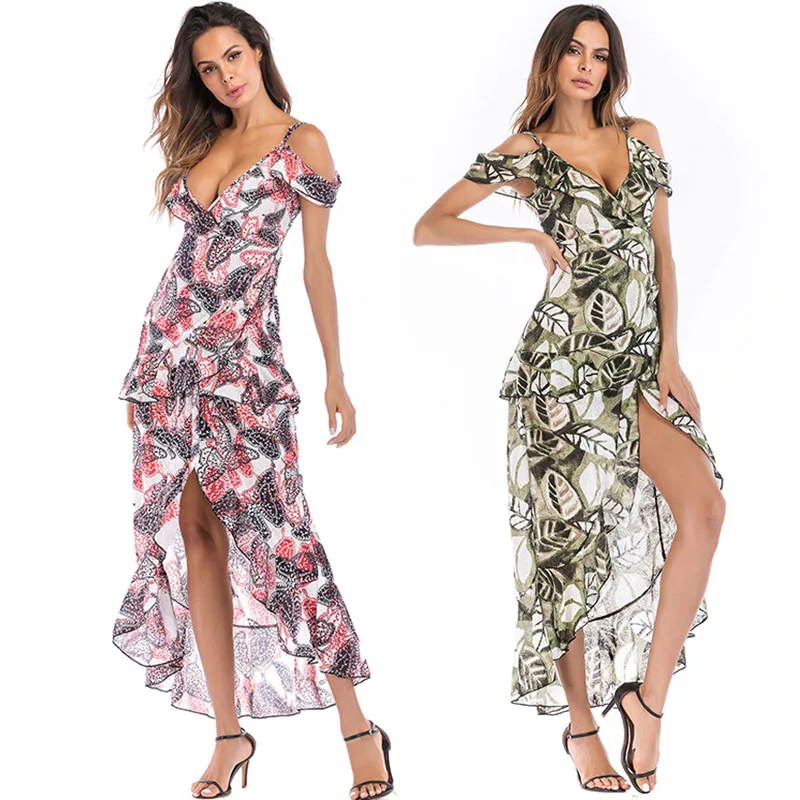 

Women Summer Sexy Chiffon Hi-Low Braces Skirt Dress V-Neck Casual Printing Asymmetric Socket strapless longuette Middle-Waisted