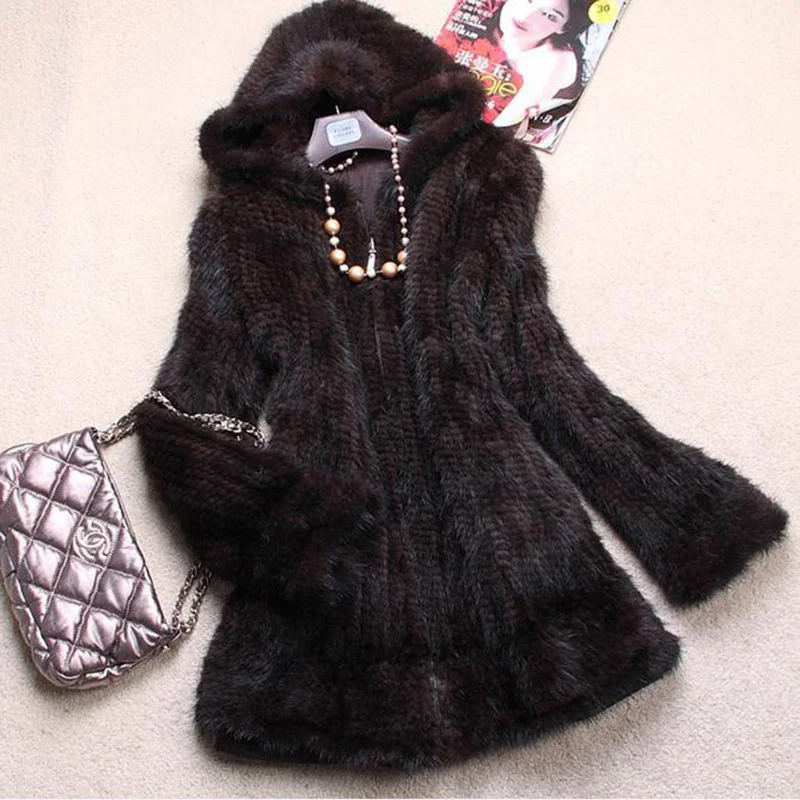 

SHZQ Women Genuine Real Knitted Mink Fur Coat Jacket with Hood Full Sleeve and Lining Long Outwear Warm Autumn Winter Overcoat B