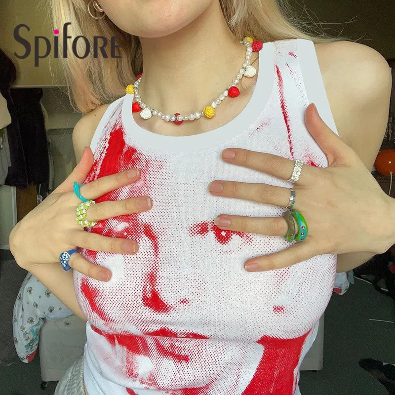 

Spifore Graphic Tank Top Sleeveless Round Neck Summer Basic Vest Women Tie Dye 90S E-girl Y2K Portrait Print Crop Top