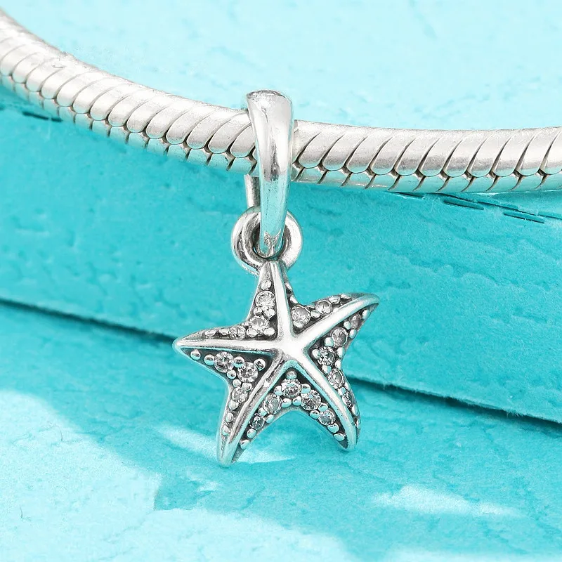 

925 Sterling Silver Sparkling Starfish Dangle Charm Bead Fits All European Pandora Jewelry Bracelets Necklaces