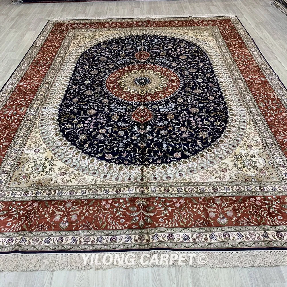 Kopen Yilong 9 'X 12' Blauw Handgeknoopt Thuis Zijde Tapijt Perzische Stijl Handgemaakte Tapijt (YJH278B)