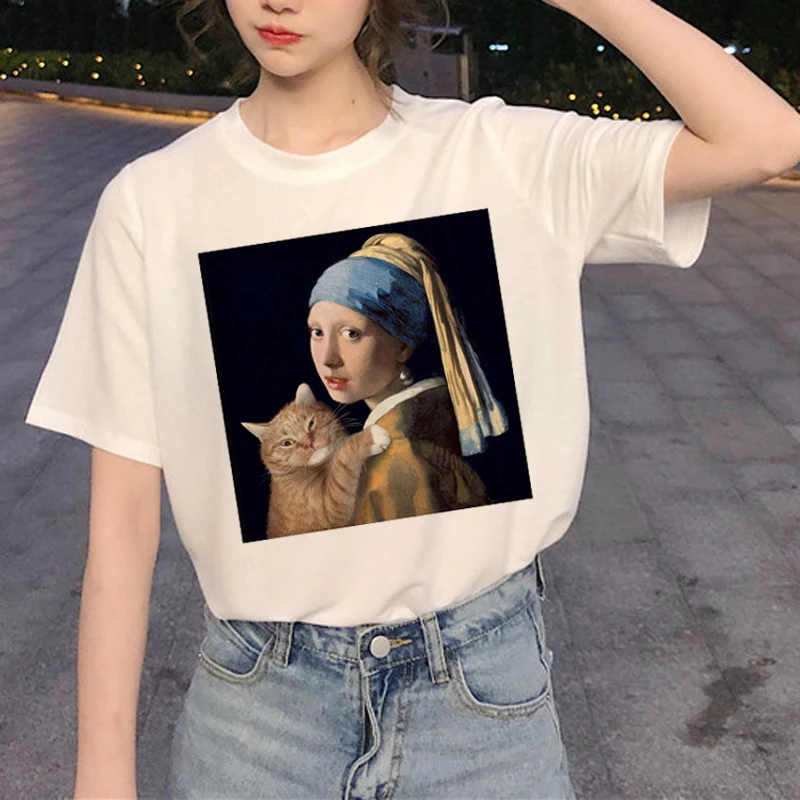 Футболка женская с рисунком кошки милая забавная мультяшная эстетика 90 х годов в