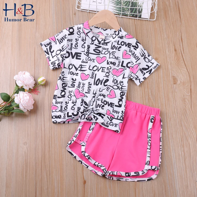 

Humor Bear Girls Clothing Sets New Summer Short Sleeve Cartoon Lace Lapel Collar Shirt+Skirts 2pcs Sweet Toddler Kids Clothes